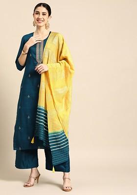 Women Blue Floral Embroidered Kurta With Trousers And With Dupatta