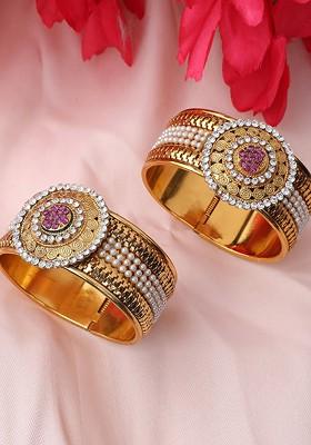 Women Set Of 2 Gold Plated And White Brass Kada Bracelet