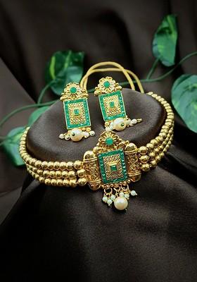 Gold Plated Green Stone Studded And Beaded Necklace Set