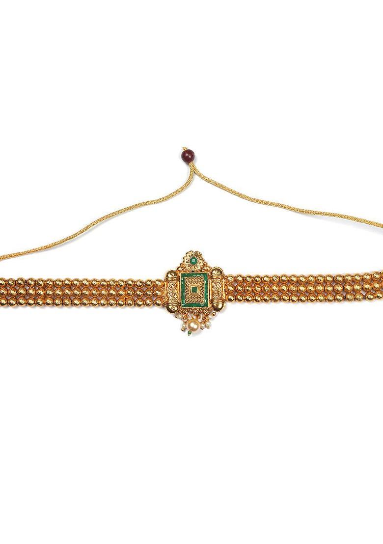 Gold Plated Green Stone Studded And Beaded Necklace Set