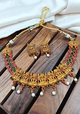 Gold Plated Pink And Green Stone Studded Temple Necklace Set