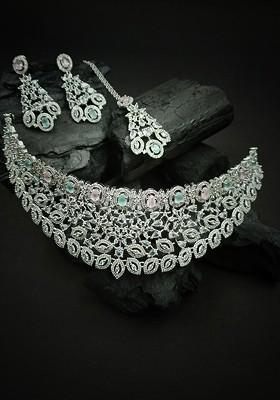 Silver Plated White And Pink Cz Stone Studded Necklace Set