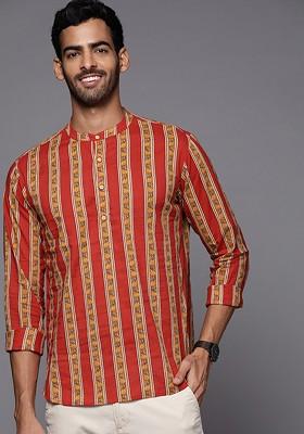 Men Red And Yellow Pure Cotton Striped Floral Printed Kurta