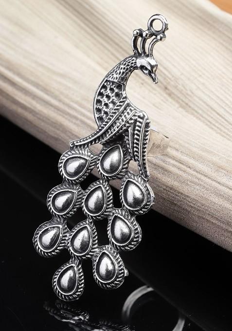 Silver Toned Oxidised Peacock Shaped Adjustable Finger Ring