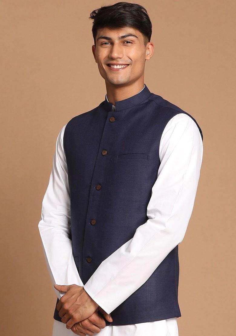 Men Navy Solid Blue Nehru Jacket