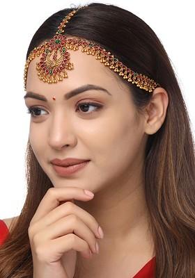 Gold Toned Green Kundan Layered Temple Bridal Traditional Matha Patti
