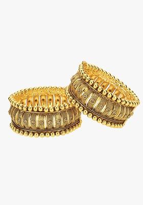 Set Of 2 Gold Plated Gold Toned Stone Studded Antique Bangle