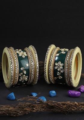 Set Of 18 Gold Plated Green Kundan Studded Bangles