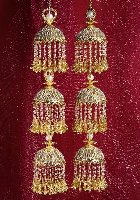 Set Of 2 Gold Plated And White Beaded Bridal Layered Kaleeras