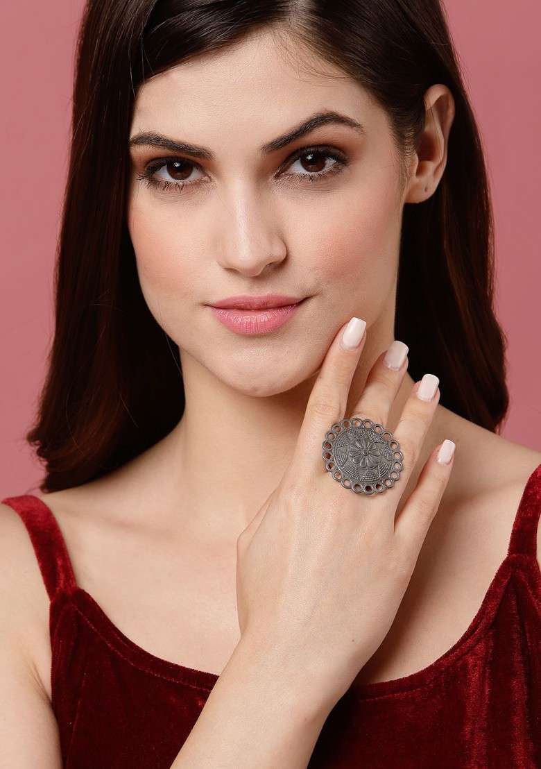 Silver Tone Oxidised Adjustable Finger Ring - Indya