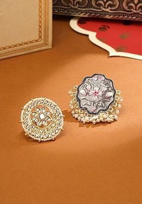 Set Of 2 White Kundan Meenakari Finger Ring