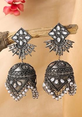 Silver Toned Oxidised Moti Studded Mirror Work Jhumka Earring