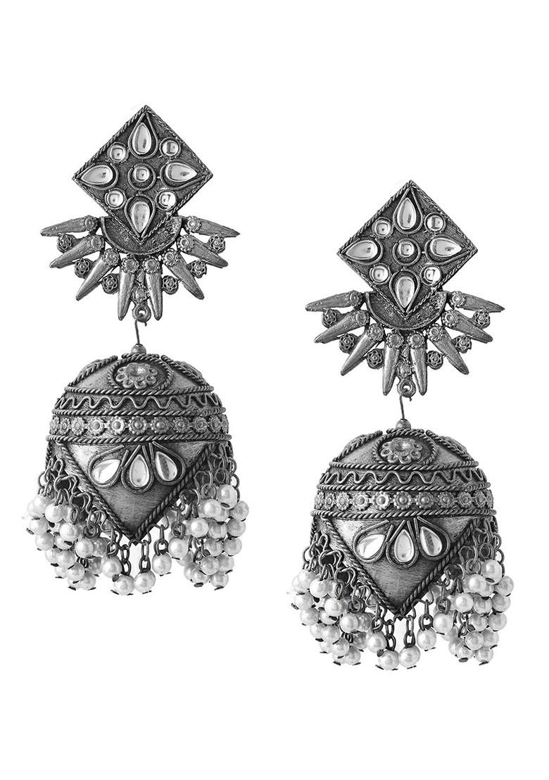 Buy Women Silver Toned Oxidised Moti Studded Mirror Work Jhumka Earring -  19925178 - Earrings - Indya