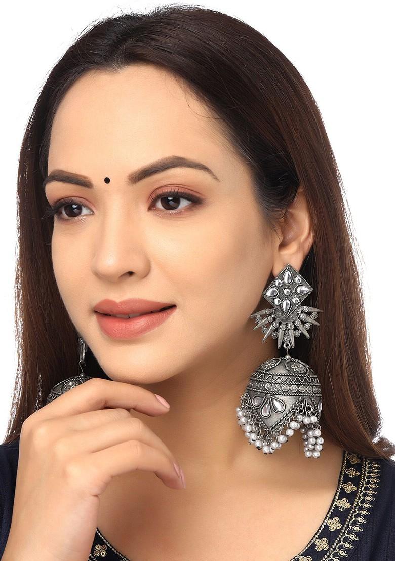 Buy Women Silver Toned Oxidised Moti Studded Mirror Work Jhumka Earring -  19925178 - Earrings - Indya