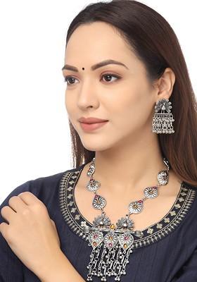 Silver Plated Red And Pink Leaf Shaped Oxidised Stone Studded Jewellery Set