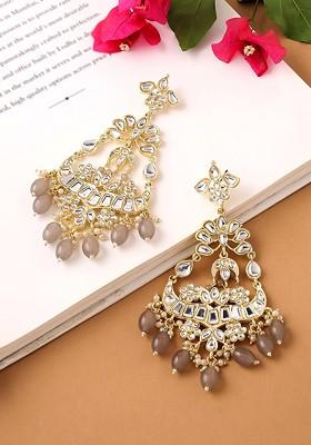 Women Gold Toned And Grey Studded Kundan Beads Long Dangler Earrings