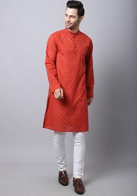 Men Red Printed Straight Cotton Kurta