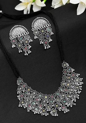 Oxidised Silver Plated Red And Yellow Stoned Studded Ghungroo Beaded Jewellery Set