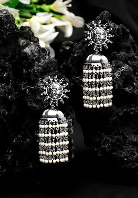 Silver Plated Whit Pearl Contemporary Jhumkas Earrings