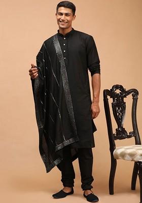 Men Black Solid Kurta With Churidar And With Mirror Work Dupatta