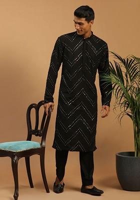Men Black Embroidered Mirror Work Kurta With Pant Set