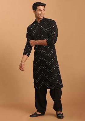 Men Black Embroidered Mirror Work Kurta With Patiala