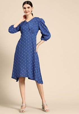 Women Blue And White Polka Dots Print A-Line Dress