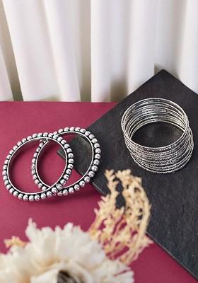 Set Of 14 Silver Plated And Toned Oxidised Bangles