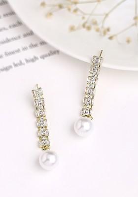Gold Toned Charming Crystal Studded Round Pearl Attached Drop Earrings