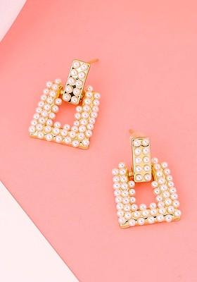 Gold Plated And White Pearl Studded Geometrical Shape Drop Earrings