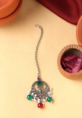 Oxidised Silver Plated White And Green Beaded Peacock Designed Maangtikka