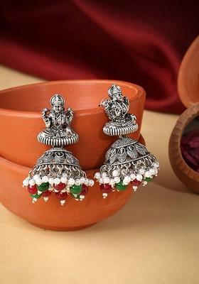 Silver Plated And White Beads Studded Dome Shaped Jhumkas Earrings