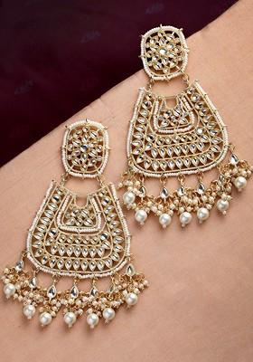 Women Gold Toned And White Contemporary Chandbalis Earrings