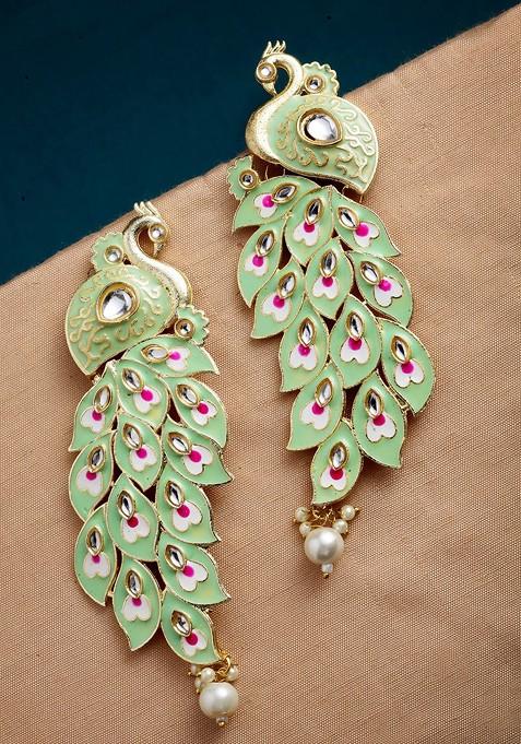 Green And Pink Gold Plated Kundan Stone Peacock Shaped Drop Earrings