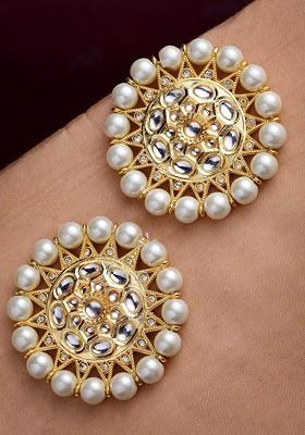 Gold Plated And White Kundan And Pearls Stone Circular Shaped Stud Earrings