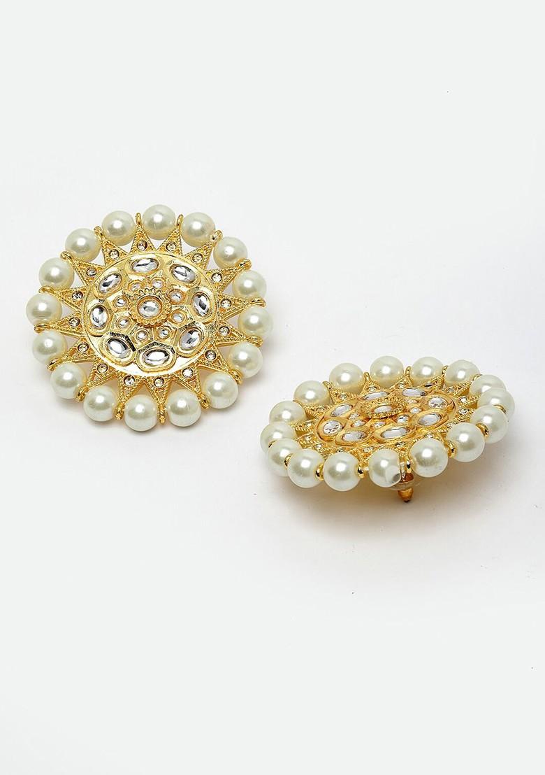 Gold Plated And White Kundan And Pearls Stone Circular Shaped Stud Earrings
