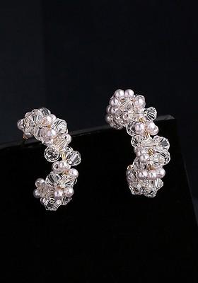 Women Gold Plated And White Contemporary Half Hoop Earrings