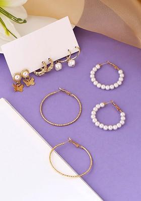 Set Of 5 Gold Plated And White Contemporary Hoop Earrings