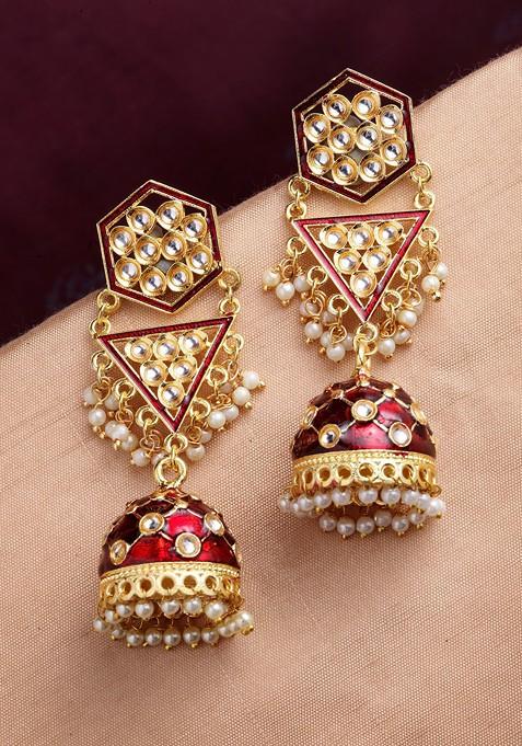 Women Gold Toned And Maroon Meenakari Dome Shaped Jhumkas Earrings