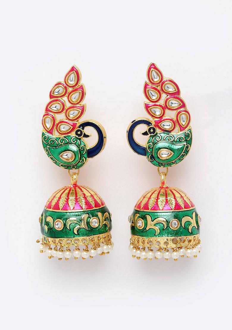 Women Gold Toned And Pink Peacock Shaped Jhumkas Earrings