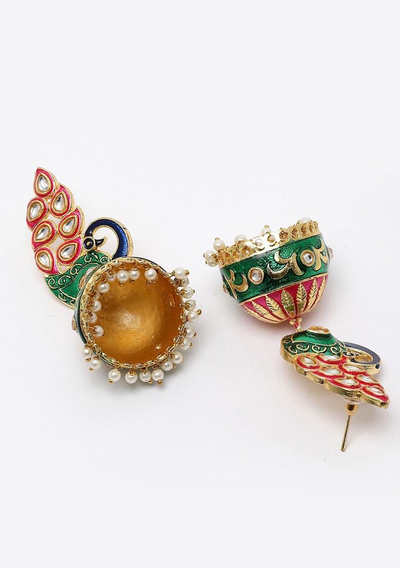 Women Gold Toned And Pink Peacock Shaped Jhumkas Earrings