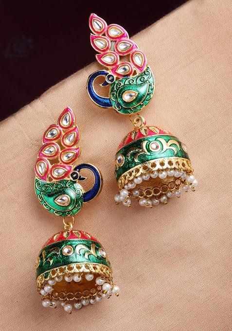 Women Gold Toned And Pink Peacock Shaped Jhumkas Earrings