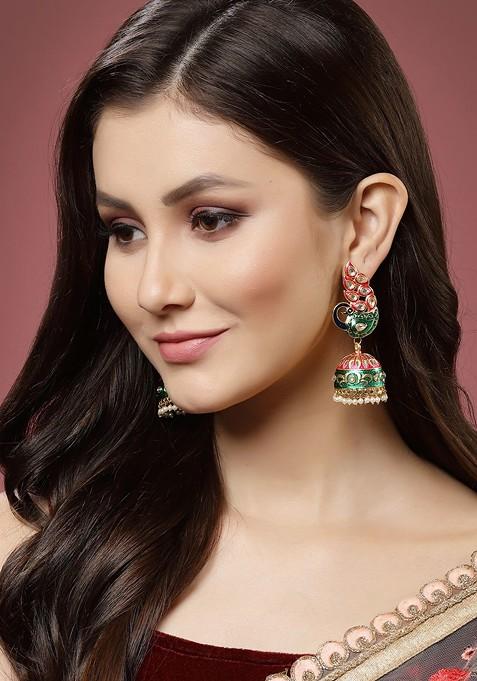 Women Gold Toned And Pink Peacock Shaped Jhumkas Earrings