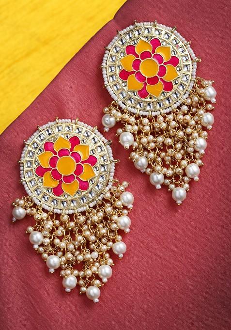 Women Gold Toned And White Circular Drop Earrings