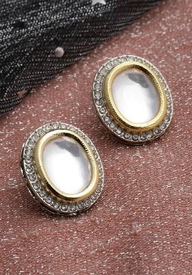 Women Gold Toned And White Oval Studs Earrings