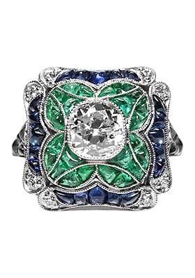 Blue And Green Crystals Square Shaped Finger Ring