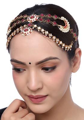 Gold Plated Gold Toned Red Kundan Studded And Beaded Maang Tikka Head Jewellery