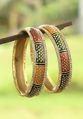 Set Of 2 Gold Plated Printed Enamelled Stone Studded Bangle