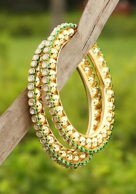 Gold Plated Green And White Kundan Studded Bangles