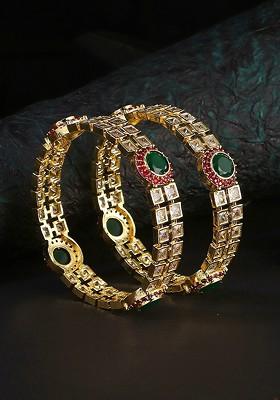 Gold Plated Green Diamond Studded And Pearl Bead Bangles